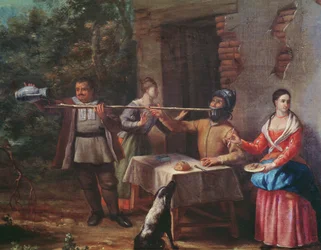 Don Quixote trinkt in einem Gasthaus